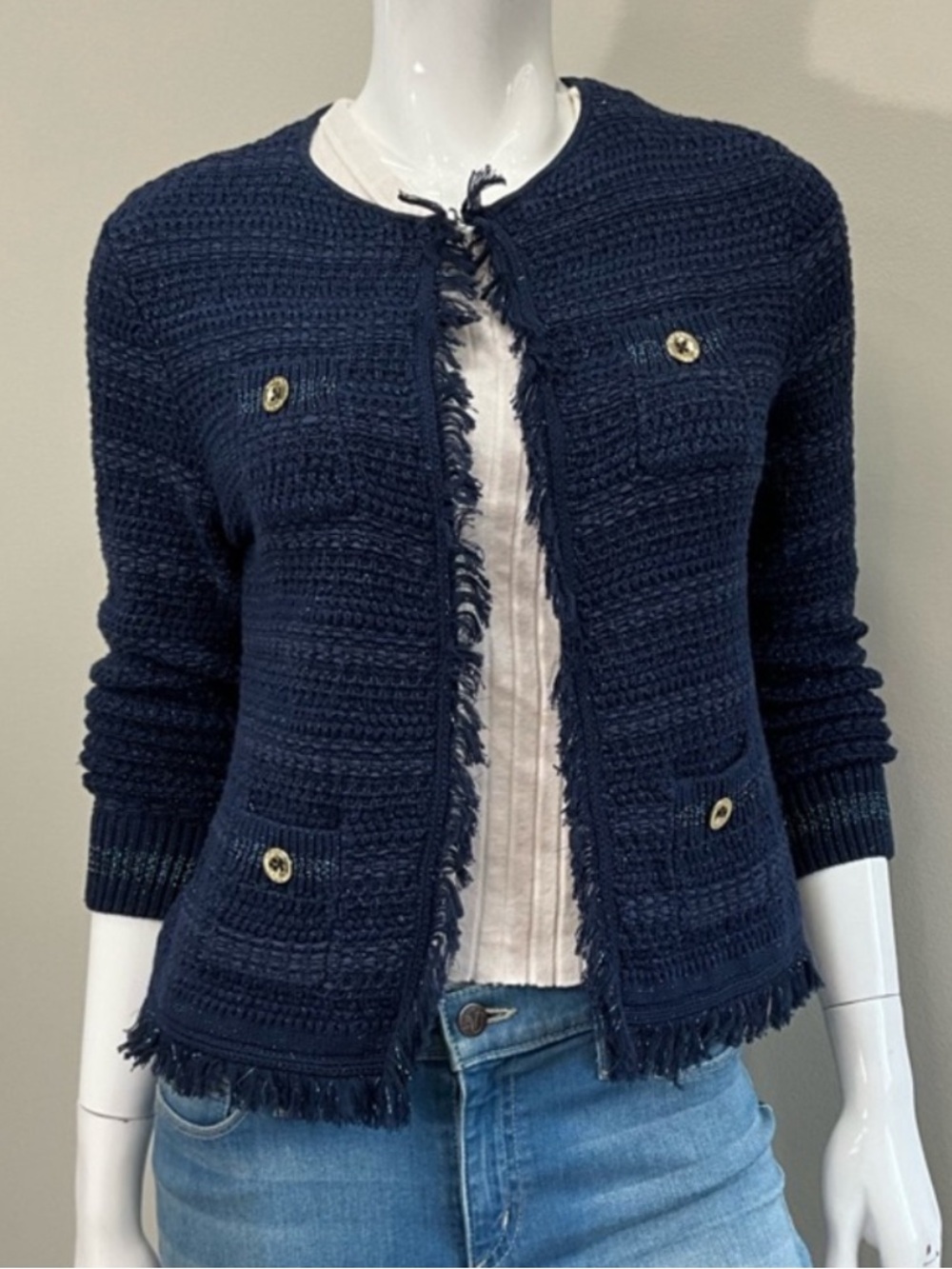 LILLY PULITZER Navy Textured Knit Cardigan Fringe Trim Gold Buttons XS
